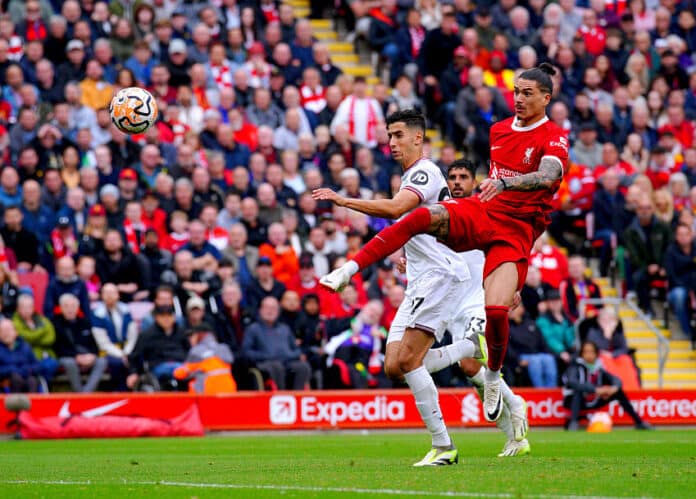Liverpool hammer West Ham to go second on the table Darwin Nunez scores for Liverpool