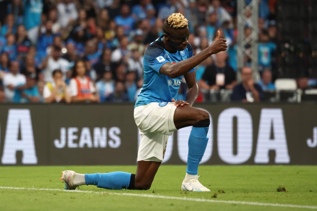 Victor Osimhen net worth - The Napoli striker's true worth 4 Victor Osimhen on his knees in a Napoli fixture
